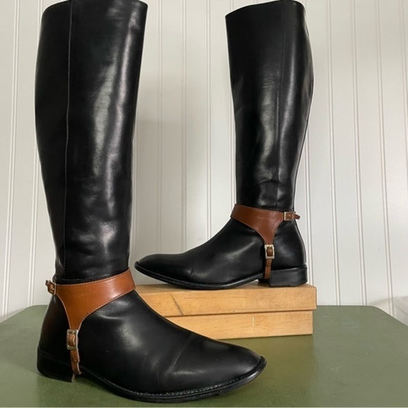 DSQUARED Tall Leather Riding Boots in Black w Tan Trim - Picture 3 of 16